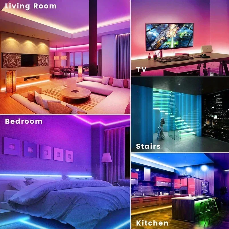 RGB LED Strip Lights para decoração do quarto, Wi-Fi, fita flexível, iluminação LED diodo, música Sync, mudança de cor Light, diodo, DC 12V, 2835, 5050