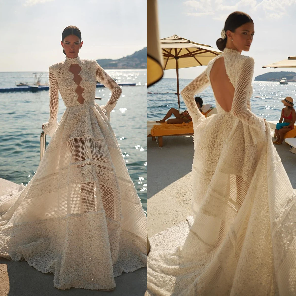 Elegant A-Line Wedding Dresses High Collar Long Sleeves Appliques Lace Bridal Gowns Custom Made Sweep Train Robes De Mariée