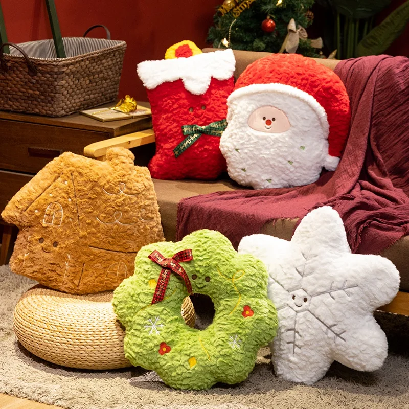 Christmas Plush Pillow Multiple Styles Star Wreath House Stocking Soft Cushion for Festive Sofa Bedroom Living Room Decor Gift