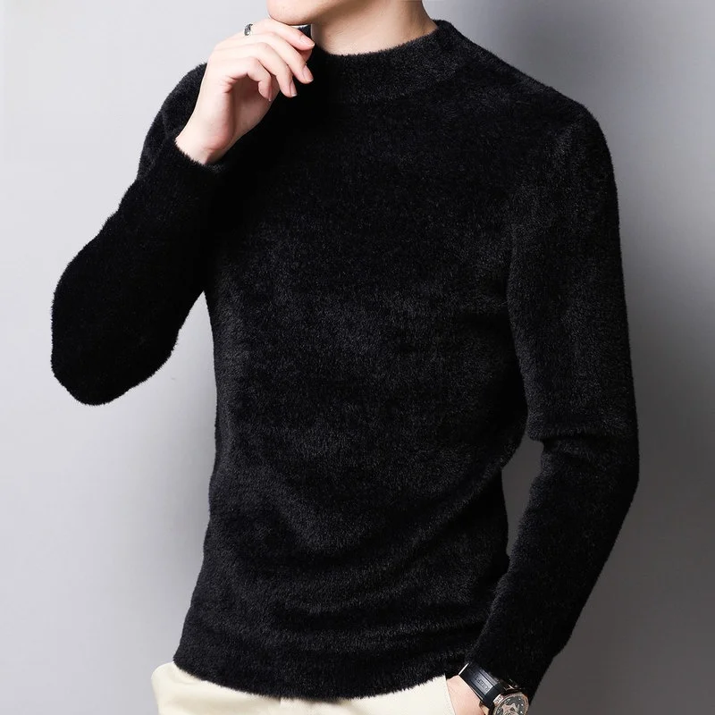 

Мужской вязаный свитер средней длины с высоким воротником из норкового бархата, новинка весенней коллекции, базовый слой, повседневный свободный крой