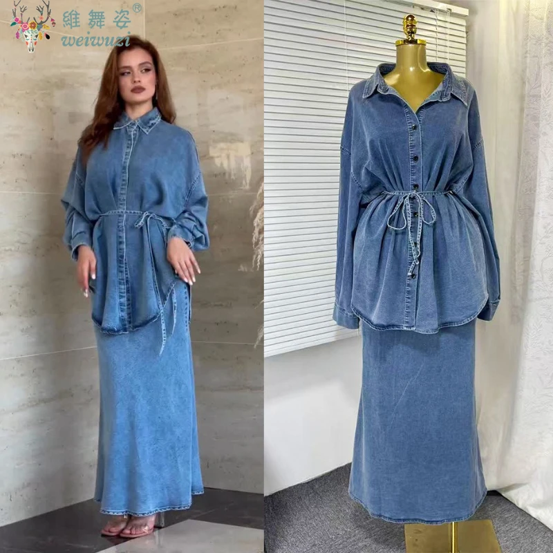 

Элегантный женский джинсовый комплект из 2 предметов, джинсовая рубашка со шнуровкой и длинными рукавами, топ средней длины, джинсовая юбка «рыбий хвост», свободный модный осенний наряд