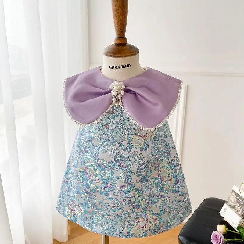 

2023 Flower Girl Floral Dress Children Birthday Dresses For Kids Elegant Big Bow Frocks Girls Boutique Party Wear Dresses