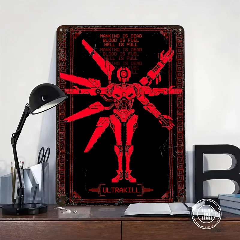 Ultrakill Robot Red Pixel Art Metal Poster Customized Wall Art Retro Vintage Tinplate Signs for Man Cave Living Room Decoration