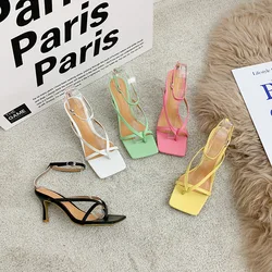 Mid-Calf Strap Female Sandal 2024 Women's Spring Shoes Open Toe Buckle High Heels Candy Colors Girls New Beige Low Peep Comfort