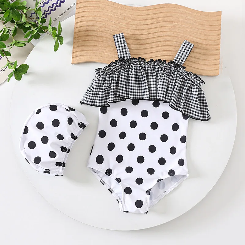 

Цельный треугольный купальник для маленьких девочек, детский милый быстросохнущий пляжный костюм с принтом в горошек, милый купальный костюм для малышей