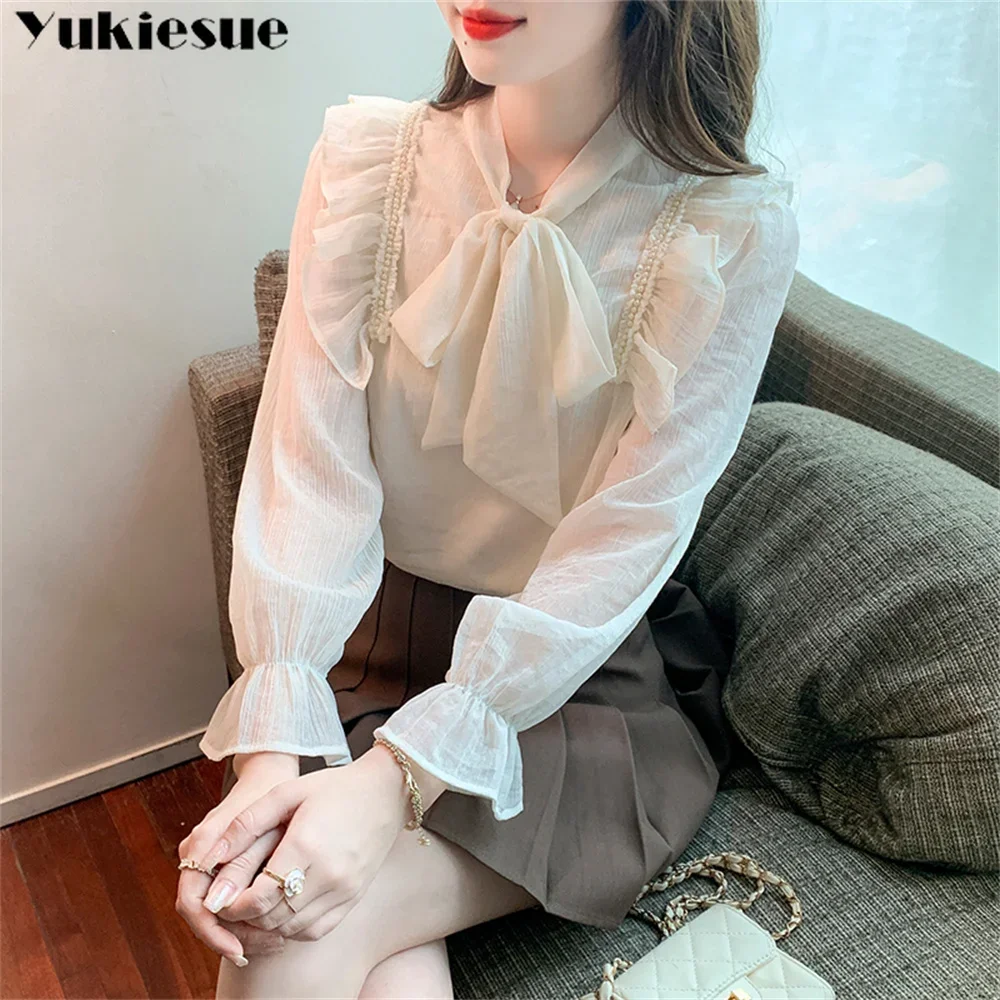 

Элегантные женские летние блузки с рюшами и бисером, шифоновые женские топы, женская рубашка, блузка, сорочка femme blusas, топ с длинными рукавами, blusa