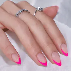 French Tip Press On Nails Almond Hot Pink Short Stick Fake Nails For Women Glue Different Sizes Soft Gel False Nail Kit Berry