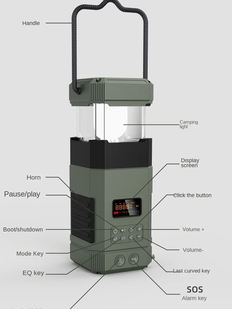 Hand-cranked power generation radio camping lamp dual horn Bluetooth audio flashlight emergency charging lighting.