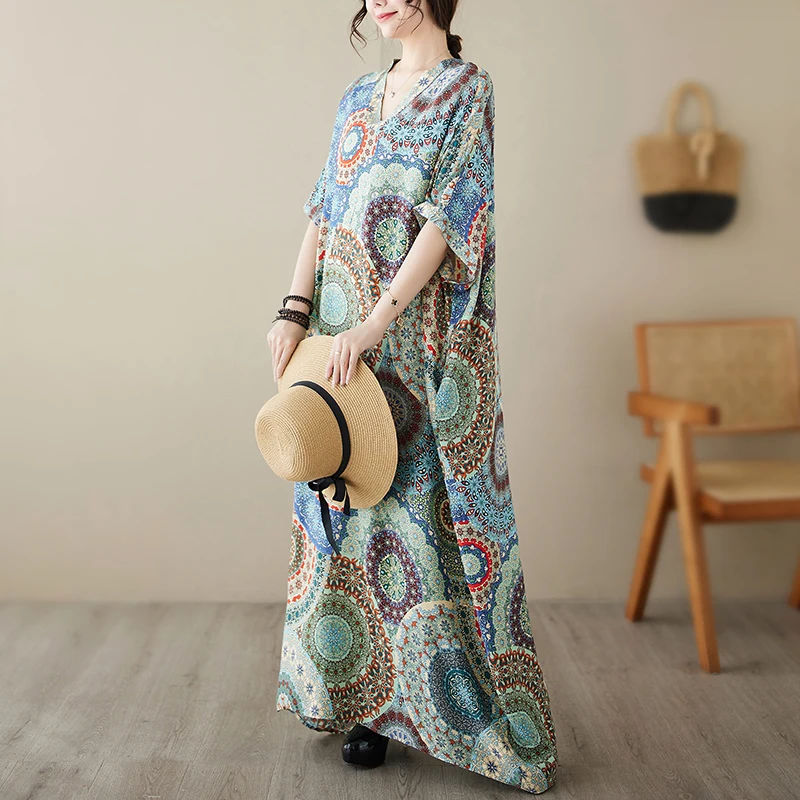 Letnia jedwabna długa spódnica plażowa z dekoltem w serek, luźna, plus size, maskująca niedoskonałości, słodka, z elastyczną talią, rękawami typu nietoperz.