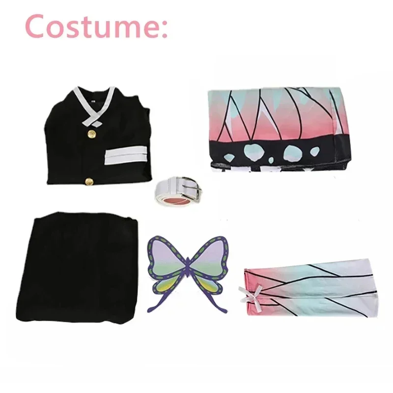 Anime Demon Slayer Cosplay Traje com Peruca Set, Trajes de Halloween para Adulto e Criança, Kochou Shinobu, Kimetsu No Yaiba, Kimono Uniforme