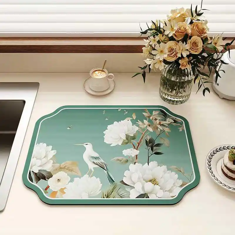Chinese Magpie Diatomite Absorbent Mat Kitchen Countertop Drying Pad for Dishes Cups Bowls Tea Table