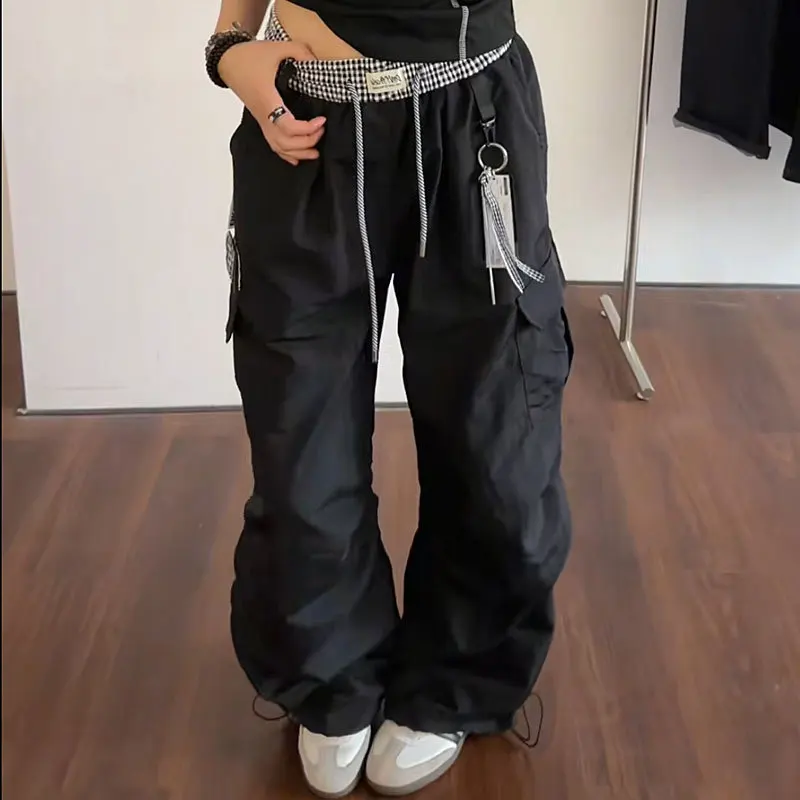 

Y2K Black Cargo Pants Women Streetwear Plaid Patchwork Baggy Sweatpants Harajuku Wide Leg Joggers Summer Oversized Trousers New