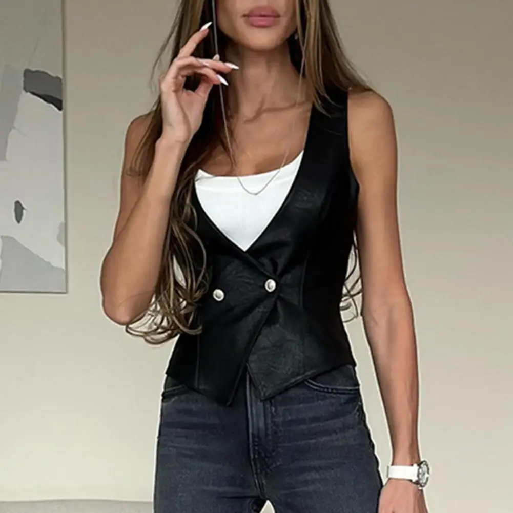 

Women's Vest Faux Leather Low Cut Sleeveless V Neck Solid Color Slim Fit Button Cardigan Casual Formal Vest Women's Jacket