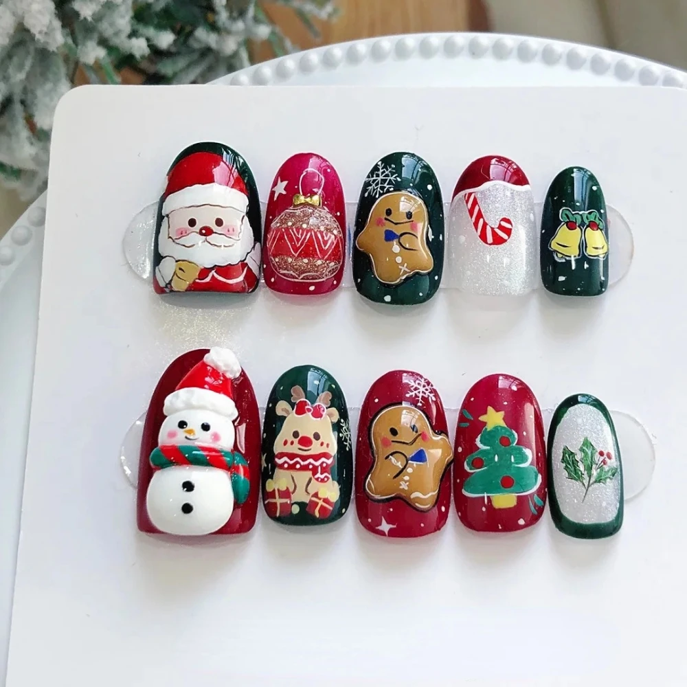 10 Pcs Handmade Press On Nails 2024 New Christmas Cute Gingerbread Man Medium Oval Fake Nails Design Art for Women Gift