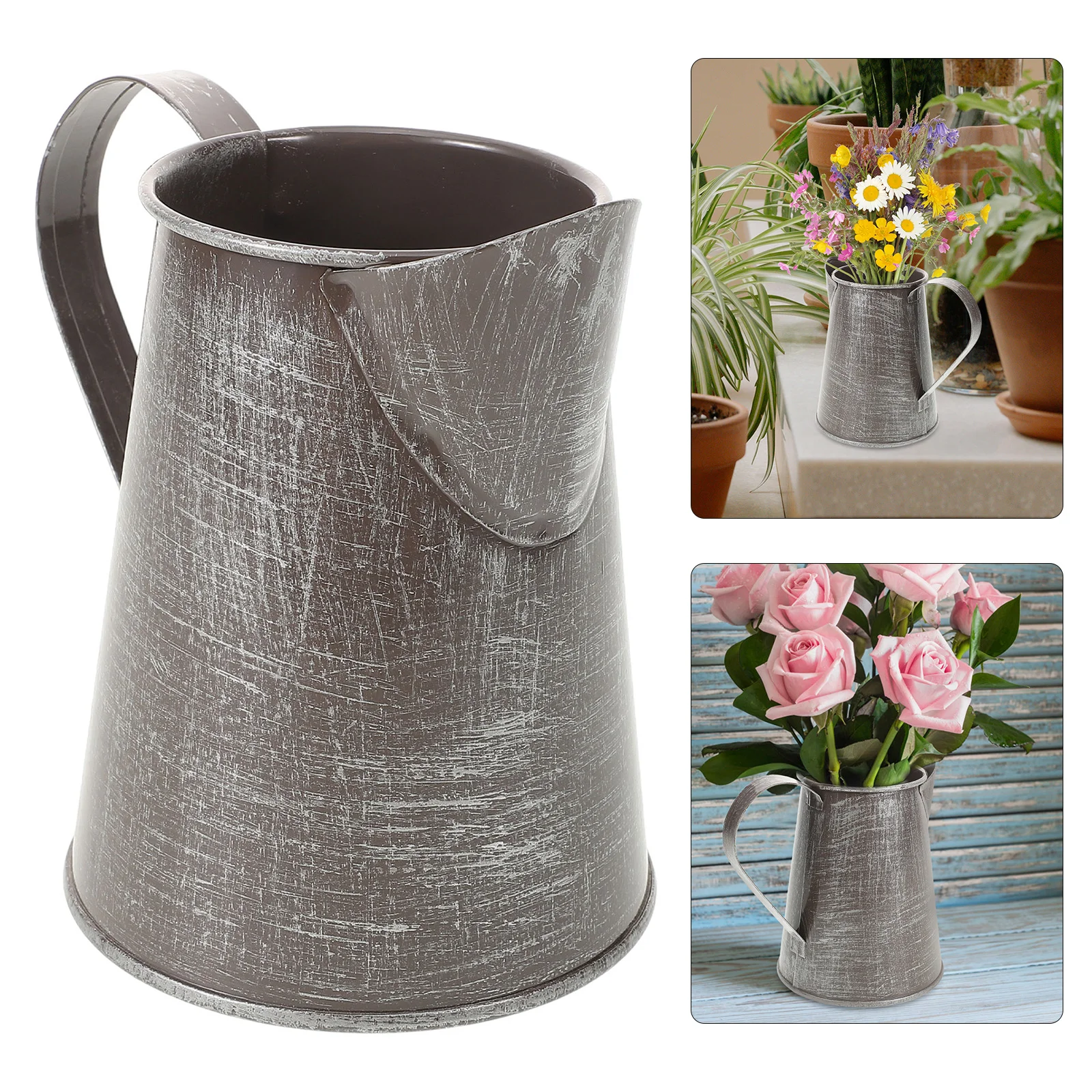 Iron Flower Pot Pitcher Holder Arrangement Vase Bucket Bouquets with Handle Plant Country Decor