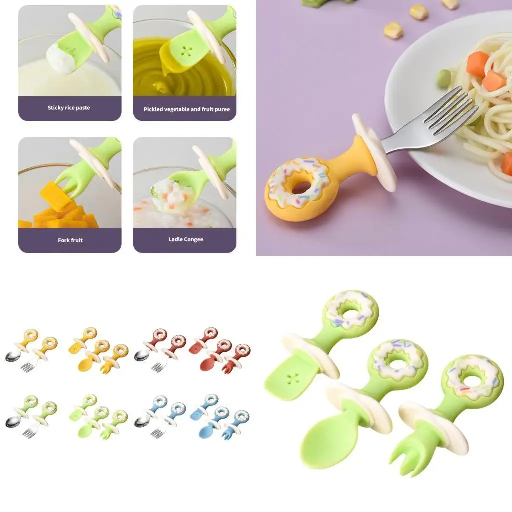 

652F 2pcs/3pcs Baby Spoon Fork Feeding Set Silicone Anti Choke First Feeding Utensils Toddler Spoon Cutlery Flatware Set