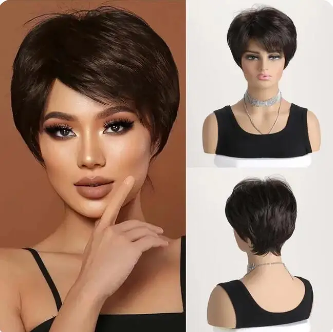 Perruques de cheveux synthétiques bruns avec frange pour femmes noires, coupe courte, fête, utilisation 03, degré de chaleur