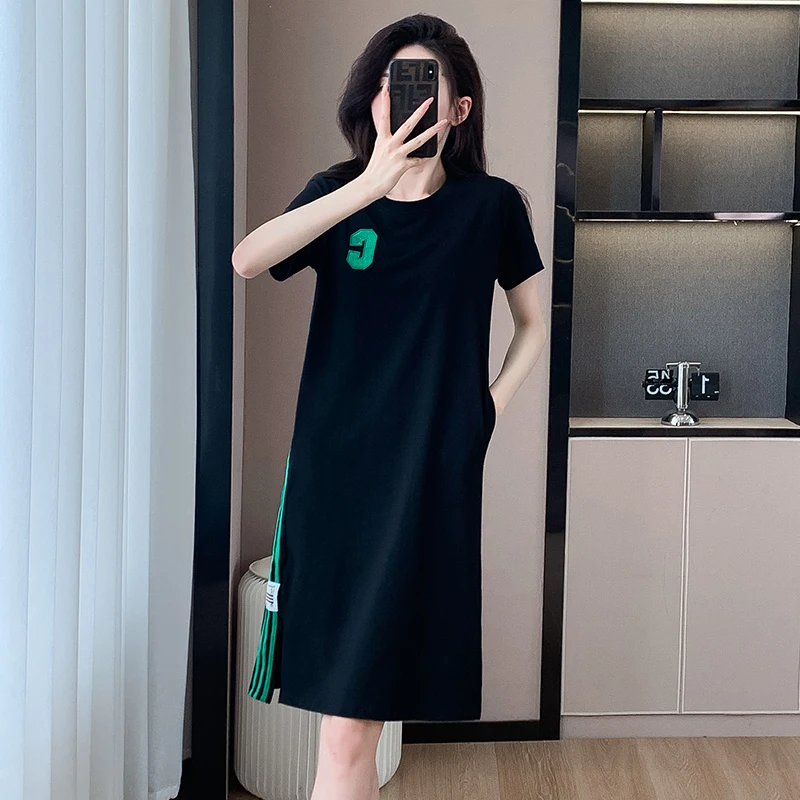 Frauen Baumwolle T-Shirt Kleider Sommer weiblich o Hals Kurzarm große Größe 4xl elegante schwarze Stickerei Streifen Patchwork Vestidos