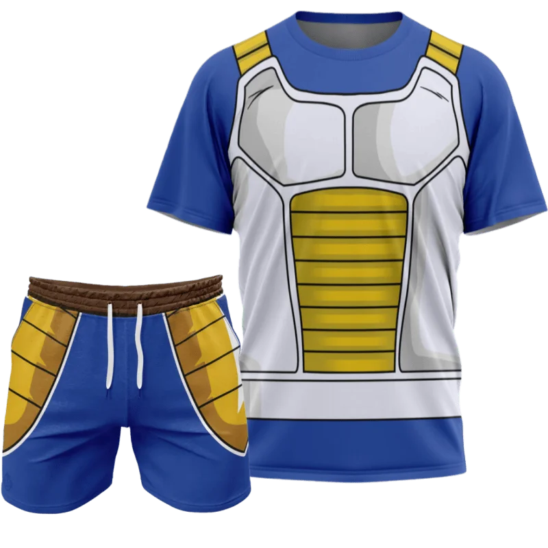 2026 Summer New Dragon Ball Z Vegeta Battle Style Sports Short Sleeve Shorts Men Fitness Running Set Oversized  Casual Set