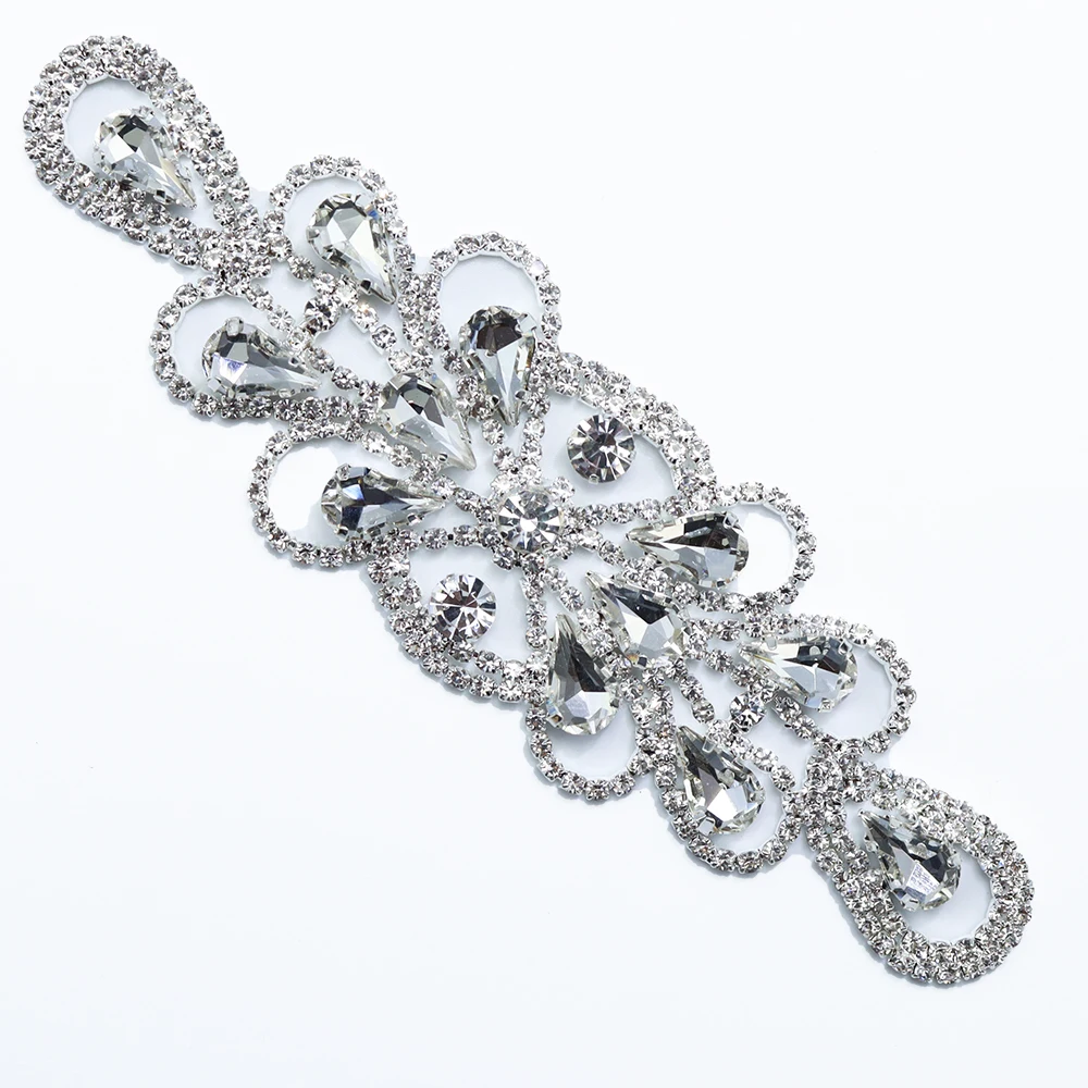 Crystal Teardrop Rhinestone Applique Sew On Bling Rhinestone TrimBrass Welded Diamond Patch For Bridal Gown Costume Hat Belt DIY
