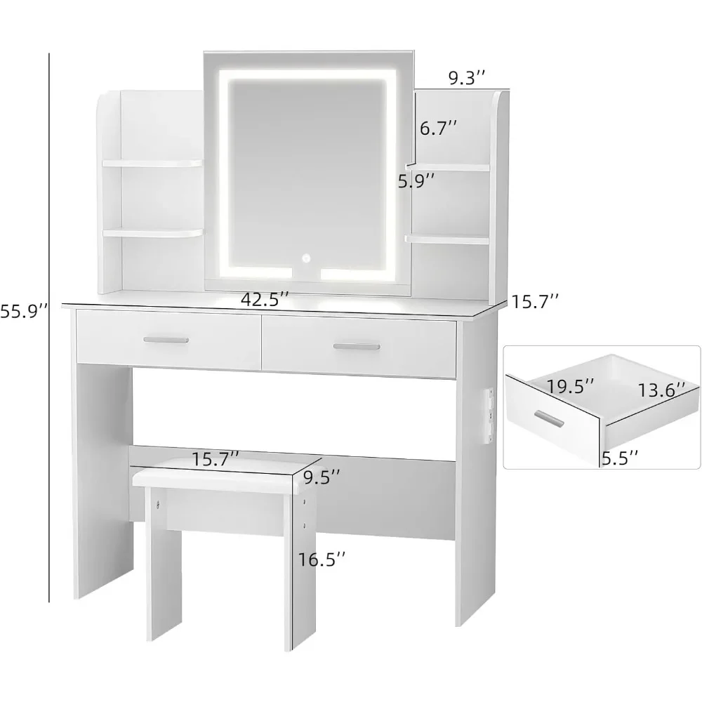 Vanity with Lighted Mirror, Makeup Vanity Desk with Power Outlet, 3 Color Light Options Adjustable Brightness