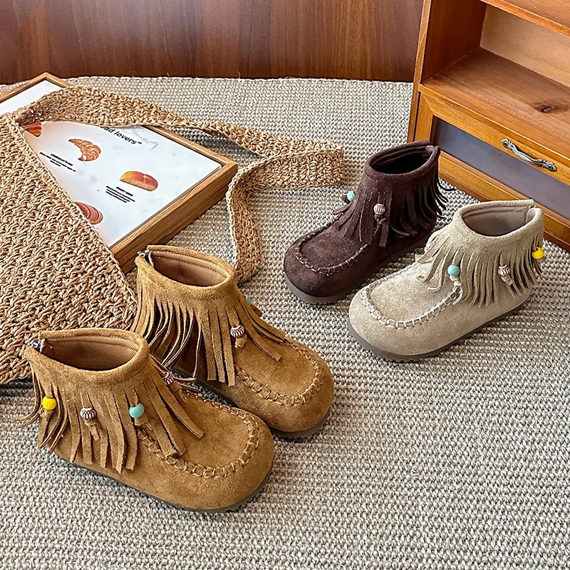

Детские зимние модные ботинки в богемном стиле, бархатные теплые милые ботинки с круглым носком и кисточками, мягкие повседневные детские легкие прогулочные туфли на молнии