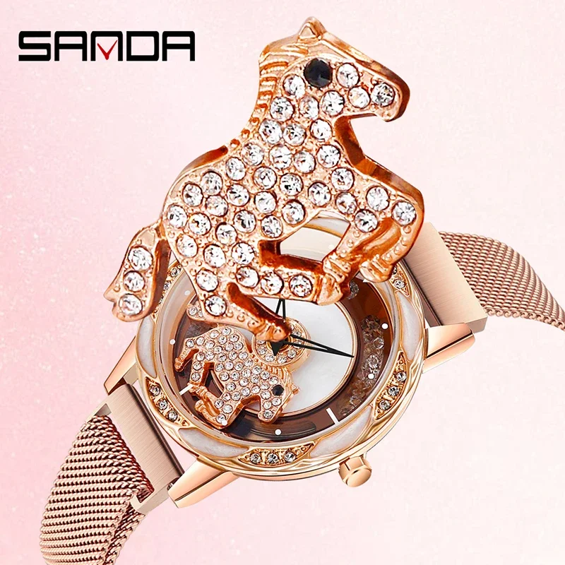 SANDA Luxury Quartz Watch Women Creative Design Carousel 360 Degree Rotation Dail Waterproof Ladie Watch Gift Relogio Feminino