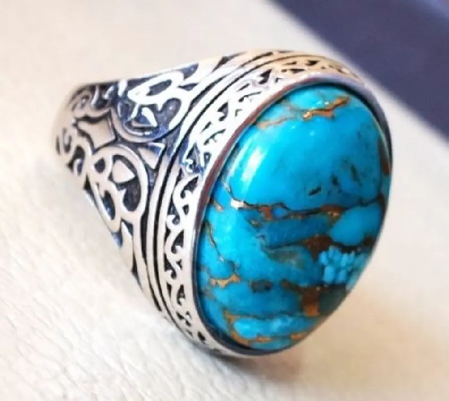 1 Pc Vintage Pattern Imitation Turquoise Antique Silver Color Ring Men Woman Party Prom Gift Size 6-10 Closed Ring Jewelry