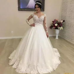 New African Ball Gown Wedding Dresses Jewel Neck Illusion Lace Appliques Beaded Long Sleeves Sweep Train Plus Size Formal Bridal