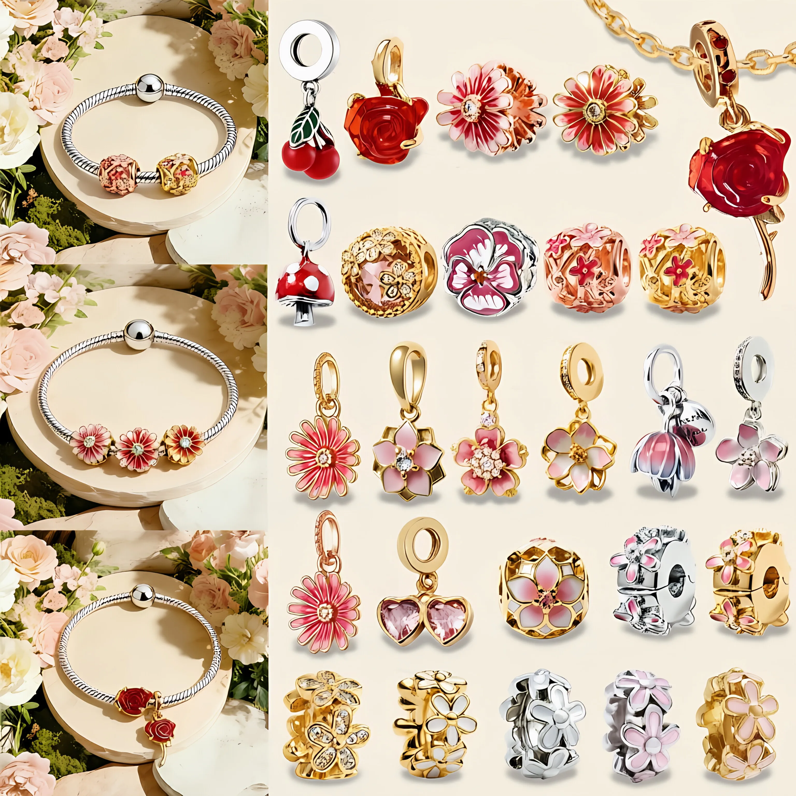 

DIY Sweet Dainty Unique Pink Roses Daisies Cherry Blossoms Charm Flower Bead Fit Original Snake Bone Bracelet Luxury JewelryGift