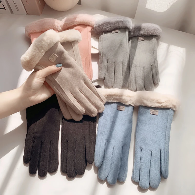 Guantes con forro polar, guantes de moda para otoño e invierno, bonitos guantes cálidos peludos, manoplas con dedos completos para mujer, guantes deportivos para exteriores para mujer