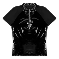 Mens T-shirts PVC PU Leather Mesh Patchwork Undershirts Clubwear Shorts Sleeve Fitness Shirts Latex Nightwear T Shirt Outfits