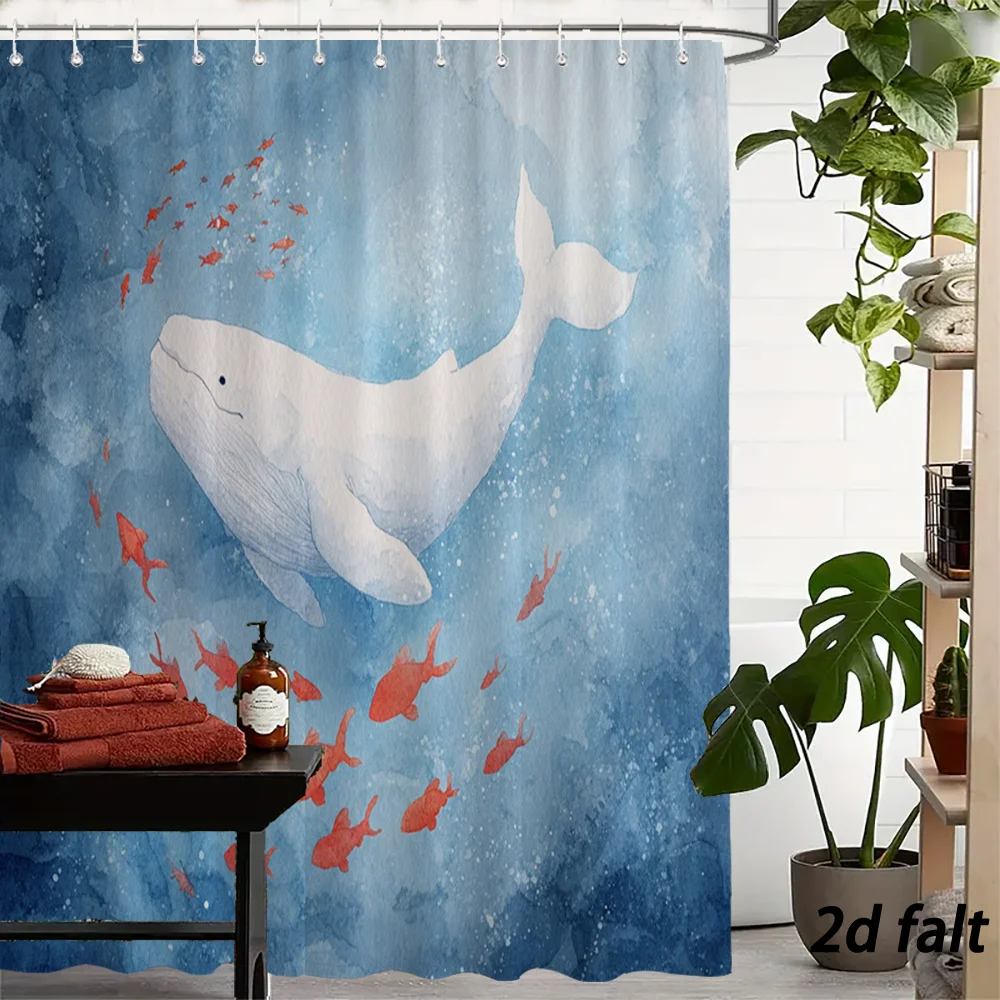 Watercolor Whale & Fish Shower Curtain – Ocean Underwater Landscape Polyester Bathroom Decor 70.8x70.8 inch 12 Hooks