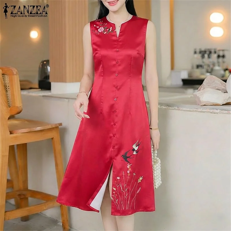 2026 elegante decote em v sem mangas vestido de verão zanzea feminino vestido de verão elegante impresso trabalho midi vestidos de cetim botões até vestido de verão