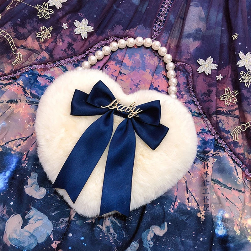 Women Lolita Love Plush Handbag Pearl Chain Bow Sweet Cute Girls jk Bags Japanese Style For Teenager Girl