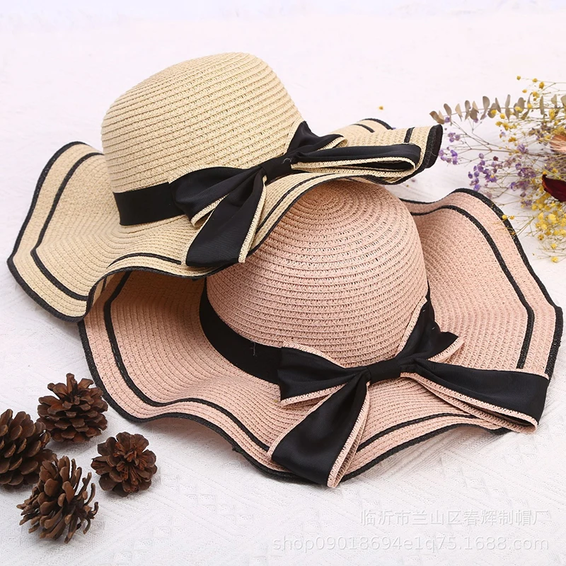 Spring And Summer Woven Straw Hat Women's Versatile Beach Big Edge Bow Sun Shield Hat Noble Style Sun Shield Hat