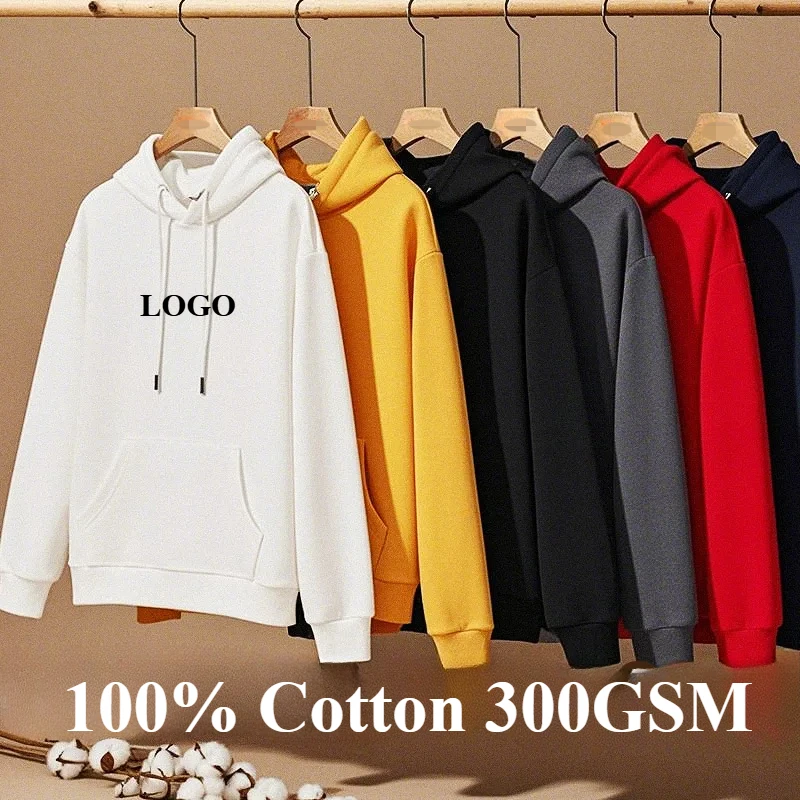 

100%Cotton Hoodie 300Gsm Top Quality Custom Sweatshirt Print Photo Text Brand Logo Womens Thick Fleece Autumn Winter Warm Hoody