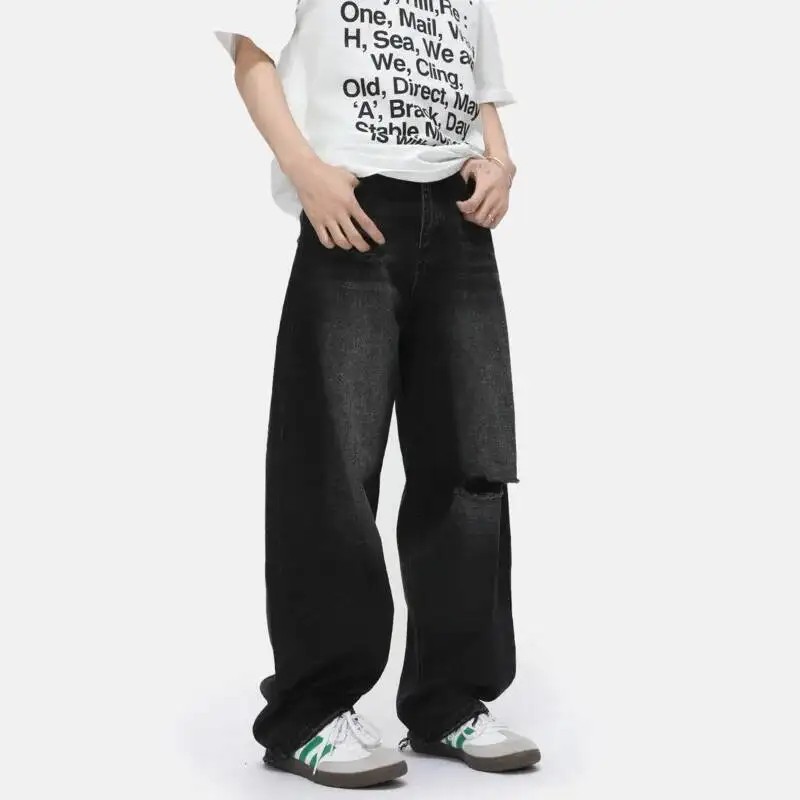 

Men's Fashion Distressed Men's Denim Pants Holes Design Korean Style Solid Colro Mill White Male Curved Knife Jeans