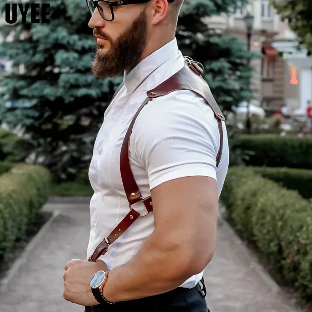 UYEE-Suspensórios de couro PU punk para homens, camisa, calças, fivela, cintos ajustáveis, alças de colete, suspensórios, arnês, rave, fetiche, moda