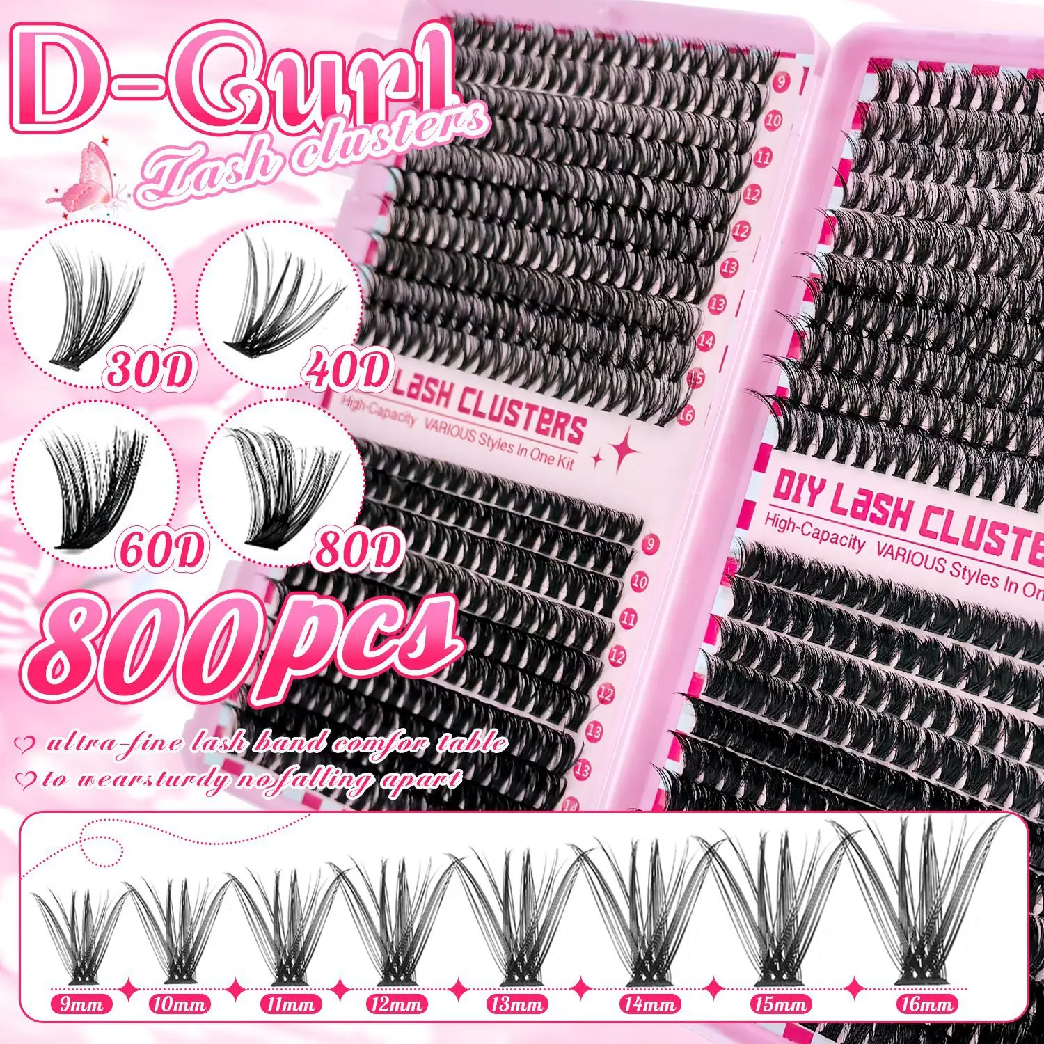 Professional Luxury Eyelash Extension Kit 640 D-Curled Single Lashes with Bonding And Sealing Tools for Eyebrow Grooming