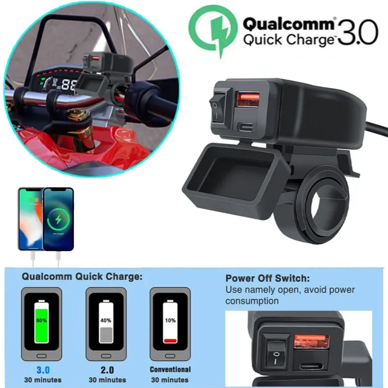 

PD+QC3.0 Motorcycle Handlebar Phone Charger 60W Waterproof 12V Power Supply Adapter Dual USB Socket For iPhone Samsung Huawei