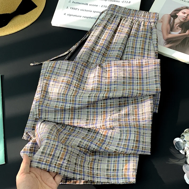Women Plaid Wide Leg Pants Thin Straight Trousers Full Lenth Drawstring Waist Slight Strech Loose Office Lady Casual 2026 Spring