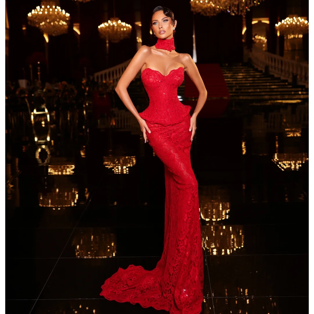 Czerwone Sukienki Wieczorowe Bez Ramiączek Koronkowe Syreny Suknie Balowe Z Cekinami Do Ziemi Suknie Ślubne Na Przyjęcia Personalizowane Vestidos