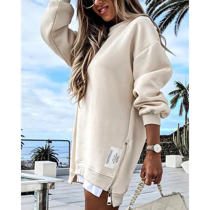 Chicme women long sleeve pullovers sweatshirt zipper slit casual dress