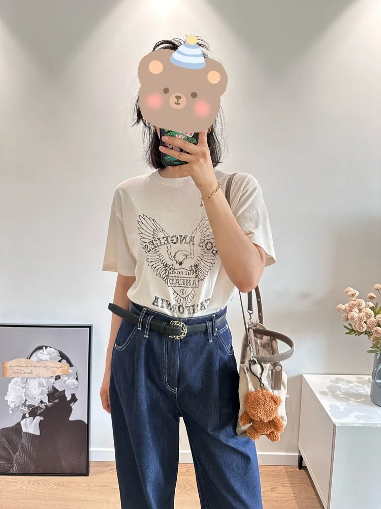 

YN California Retro Sle Cotton Linen ort Sve T-irt Women's Casual Loose Fit Printed Eagle Lazy Summer Top