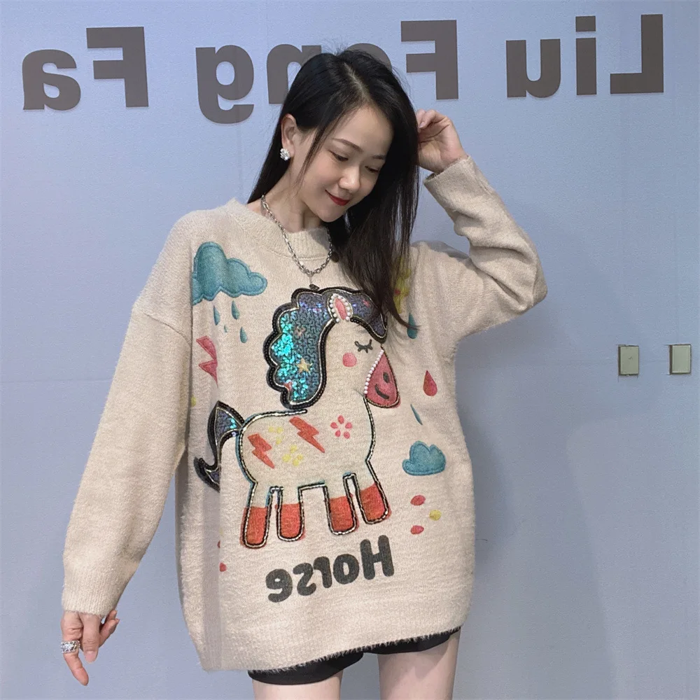 Casual Oversized Hoodies Women Clothes Cartoon Horse Beading Sequins Embroidery Long Sleeve Pullover Knitwear Loose Sweatshirt