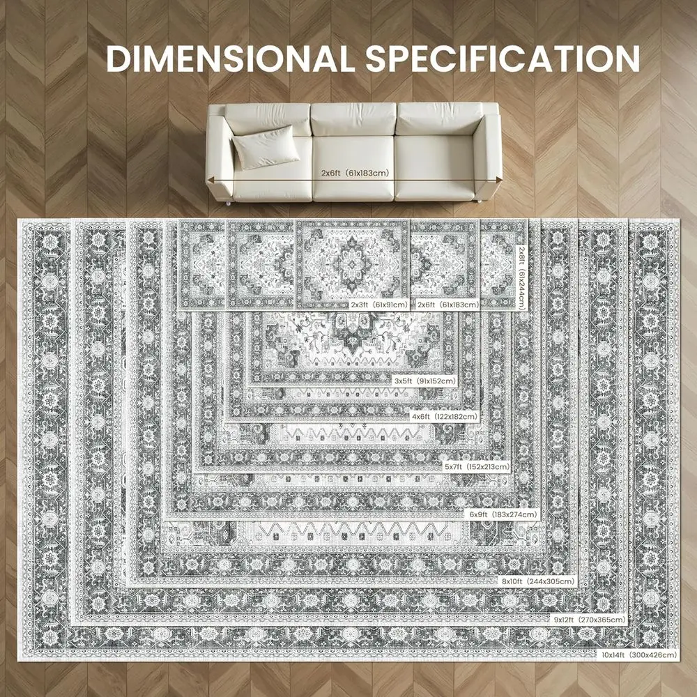 Grey 8x10 Stain-Resistant, Washable Neutral Rug for Living Room & Bedroom, Vintage Style, Non-Slip Large Area Rug