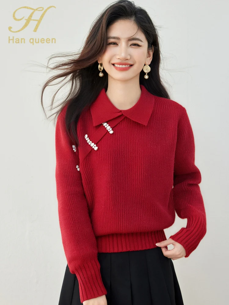 

H Han Queen Elegant Red Knit Pullovers New Autumn Korean Elastic Chic Casual Sweet Loose Long Sleeve Women's Sweater 2025 New