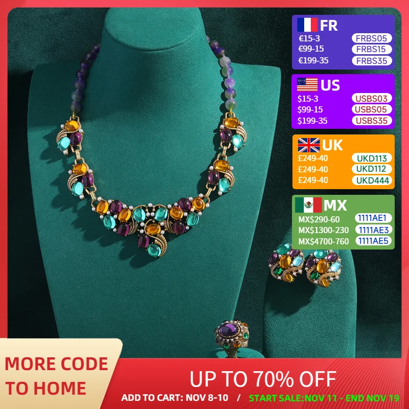 

Vintage Antique Wedding Purple Jewelry Sets For Women Beaded Chain Oval Glass Pearl Choker Necklace Earring Ring New 2025