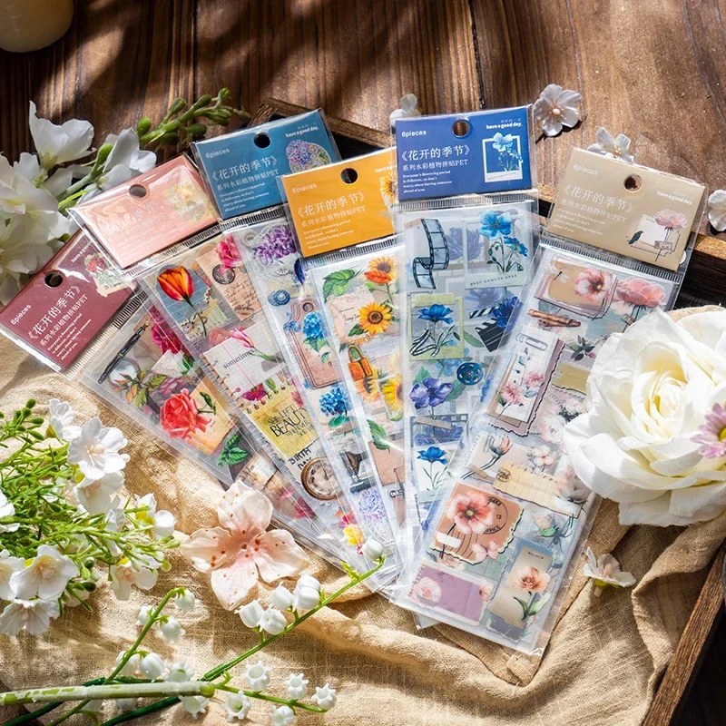 6Sheets Per Pack PET Stickers Plant splicing Flowers Scrapbooking Rose Season Sun Flower blooms Color Decorative Notebook